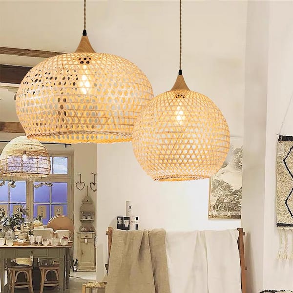 ELE Light Decor Lily 1 Light 48 Watt LED Modern Coastal Beige Pendant Light 16 in. Natural Rattan Airy Shade in Brass Finish GL0018 D40N