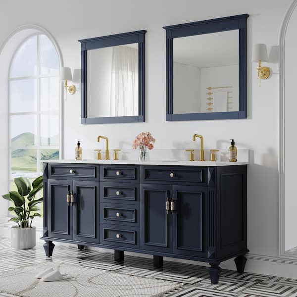 72 in.W x 22 in.D x 35 in.H Double Sink Solid Wood Bath Vanity in Navy Blue w/ White Stain-Resistant Quartz Top,2 Mirror