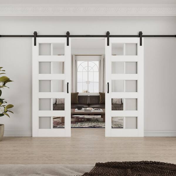 56 in. x 80 in. 5-Lite Tempered Clear Glass White Primed Solid Core MDF Sliding Barn Door with Hardware Kit