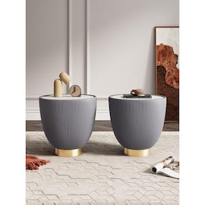 Anderson Modern 18.43 in. Grey Round Faux Marble Leatherette Upholstered End Table (Set of 2)