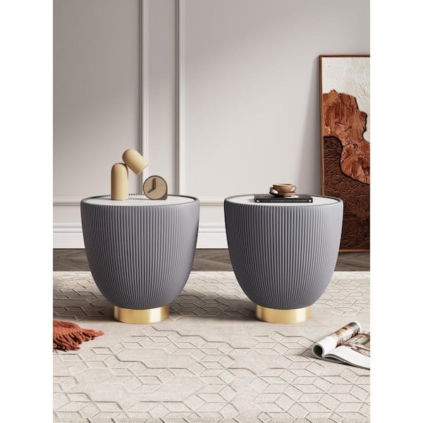 Manhattan Comfort Anderson Modern 18.43 in. Grey Round Faux Marble Top Faux Leather Upholstered End Table (Set of 2)