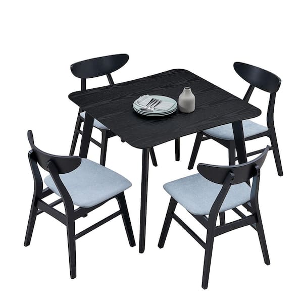 Tatayosi Black Wooden Indoor Outdoor Square Dining Table Set with Gray Soft Cushion for Dining Room, Kitchen, Patio