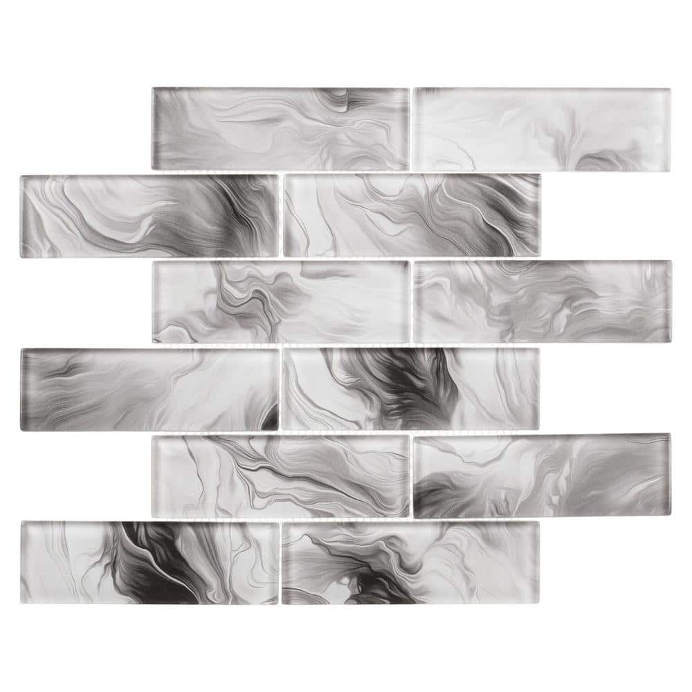 Dunar Kallio Black 2 in. x 6 in. Brick Joint Marble Look Glossy Glass Mosai