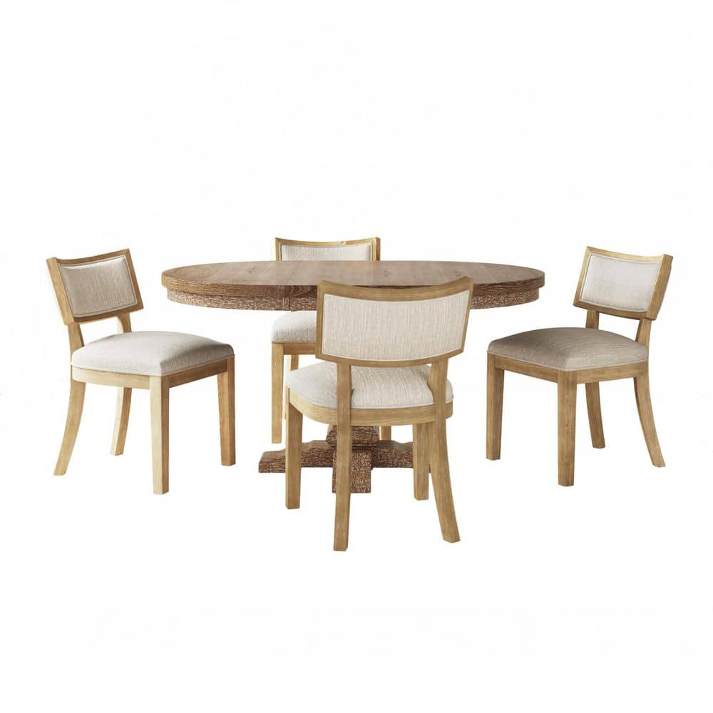 Debra 5-Piece Expandable Round Dining Set with Cushioned Seats, Solid Wood, Natural plus Beige