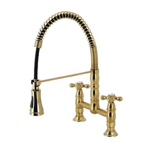 Heritage 2-Handle Deck-Mount Pull-Down Sprayer Kitchen Faucet in Brushed Brass