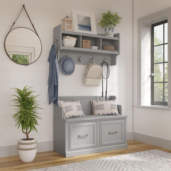 Bush Furniture Woodland Cape Cod Gray Entryway Bench with Doors and Wall Mounted Coat Rack