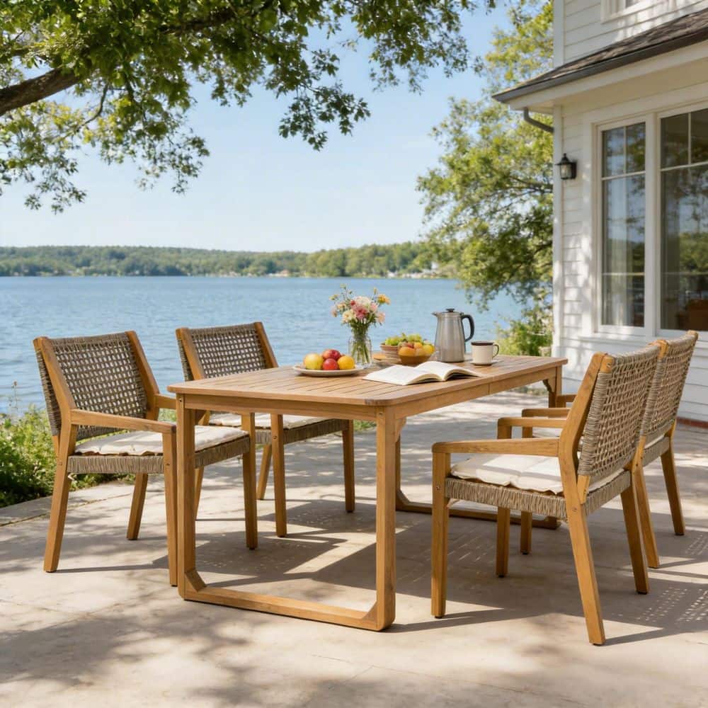 Finley 5-Piece Solid Wood and Wicker Rectangle Patio Outdoor Dining Set with Beige Cushions, Light Teak + Brown price history on PriceWatchPro