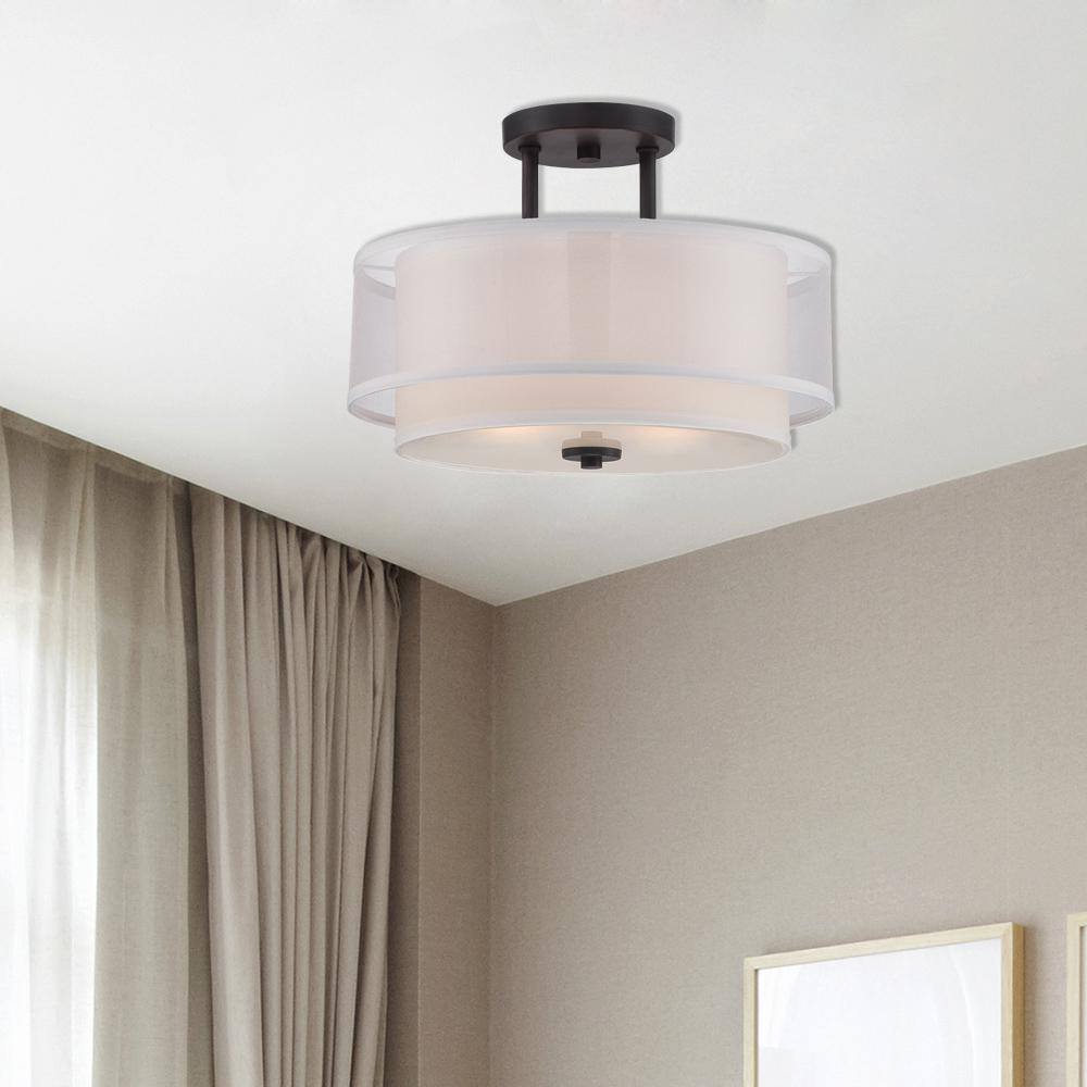 Fusion Biscayne Bronze Semi-Flush Drum Ceiling Light with Organza Shade