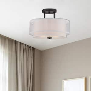 Fusion 18.25 in. 2-Light Biscayne Bronze Semi Flush Mount Ceiling Light with White and Organza Fabric Glass Shade