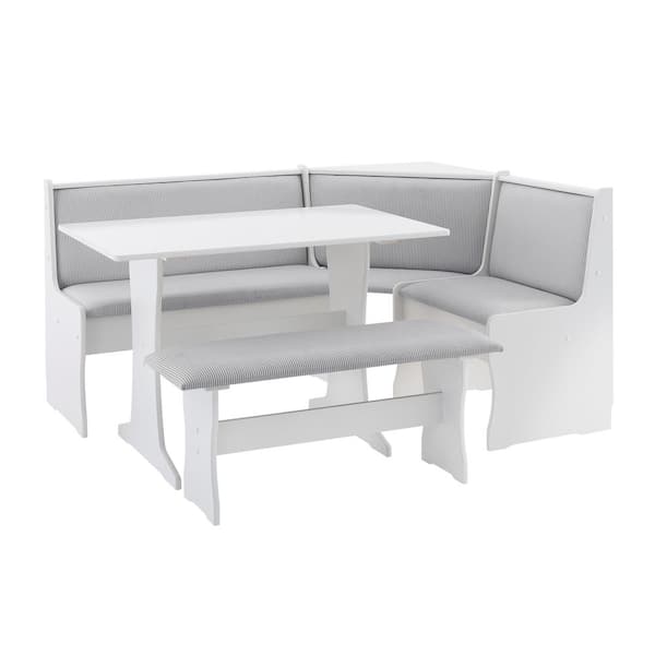 Linon Home Decor Bocephus 3-Piece Rectangular Wood Top and Frame and Gray Striped Upholstery Nook Set with Storage