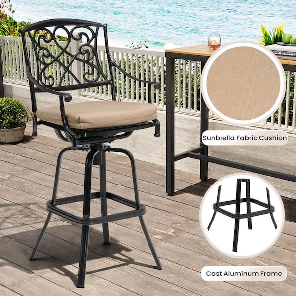 Bar Height Arm Chair Swivel Cast Aluminum Outdoor Bar Stool with Sunbrella Beige Cushion (4-Pack)