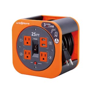 25 ft. 16/3 Extension Cord Storage Reel with 3 Grounded Outlets 2 USB 3.4 Amp and Overload Reset Button