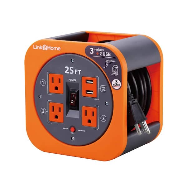 Link2Home 25 ft. 16/3 Extension Cord Storage Reel with 3 Grounded Outlets 2 USB 3.4 Amp and Overload Reset Button