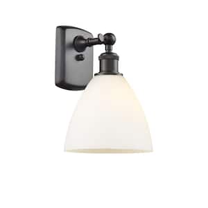 Bristol Glass 1-Light Oil Rubbed Bronze, Matte White Wall Sconce with Matte White Glass Shade
