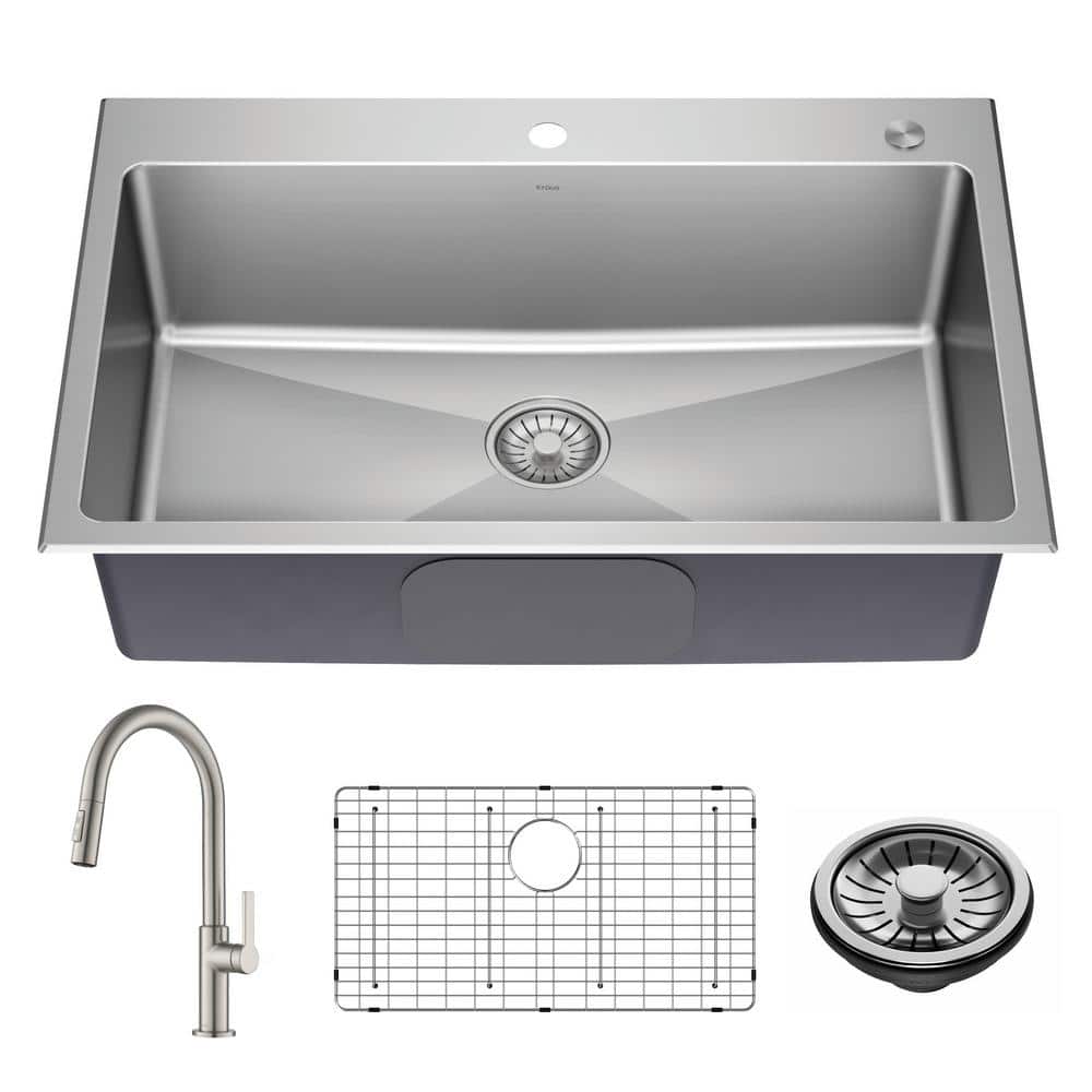 33-Inch Stainless Steel Drop-In Single Bowl Kitchen Sink with Drainboard