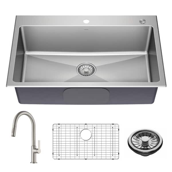 Standart PRO 33 Drop In / Undermount Single Bowl 18 Gauge Stainless Steel Kitchen Sink and Pull Down Kitchen Faucet