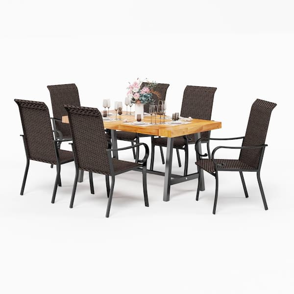 PHI VILLA 7-Piece Rattan Patio Outdoor Dining Set with Wood Dining ...