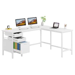 Perry 59 in. L-Shaped White Wood 3-Drawer Computer Desk for Home Office, Large Study Writing Table Workstation