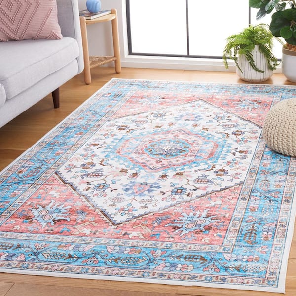 Washable Printed Rug Turquoise/Red  5 ft. x 8 ft. Machine Washable Distressed Border Area Rug