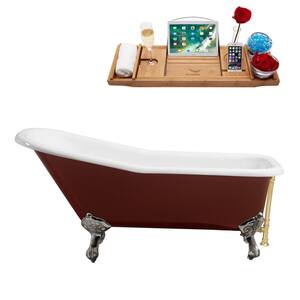 66 in. Cast Iron Clawfoot Non-Whirlpool Bathtub in Glossy Red with Polished Gold Drain and Polished Chrome Clawfeet