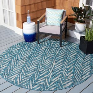 Courtyard Blue/Gray 7 ft. x 7 ft. Distressed Chevron Indoor/Outdoor Patio  Round Area Rug