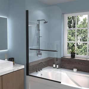 34 in. W x 58 in. H Pivot Frameless Tub Door in Matte Black with 1/4 in. Tempered Clear Glass
