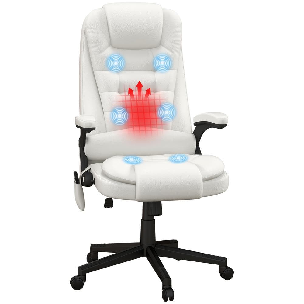 HomCom High Back Vibration Massage Office Chair with 6 Vibration Points Heated Reclining PU Leather Computer Chair with Armrest and Remote White