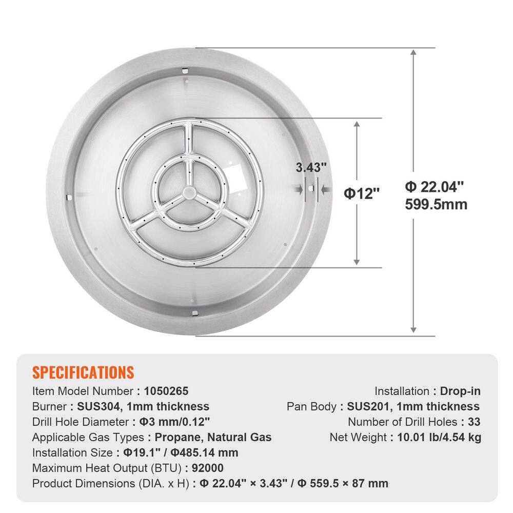 VEVOR 22" Round Stainless Steel Fire Pit Burner with Lid