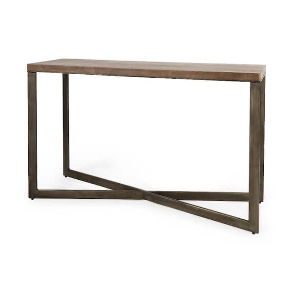 Faye 50L x 15W x 30H Medium Brown Wood W/Antique Nickel Metal Base Console Table
