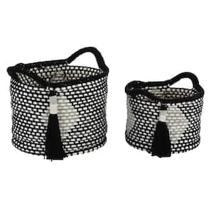 Large Round Black and White Cotton Rope Baskets with Diamond Design and Decorative Tassels (Set of 2)