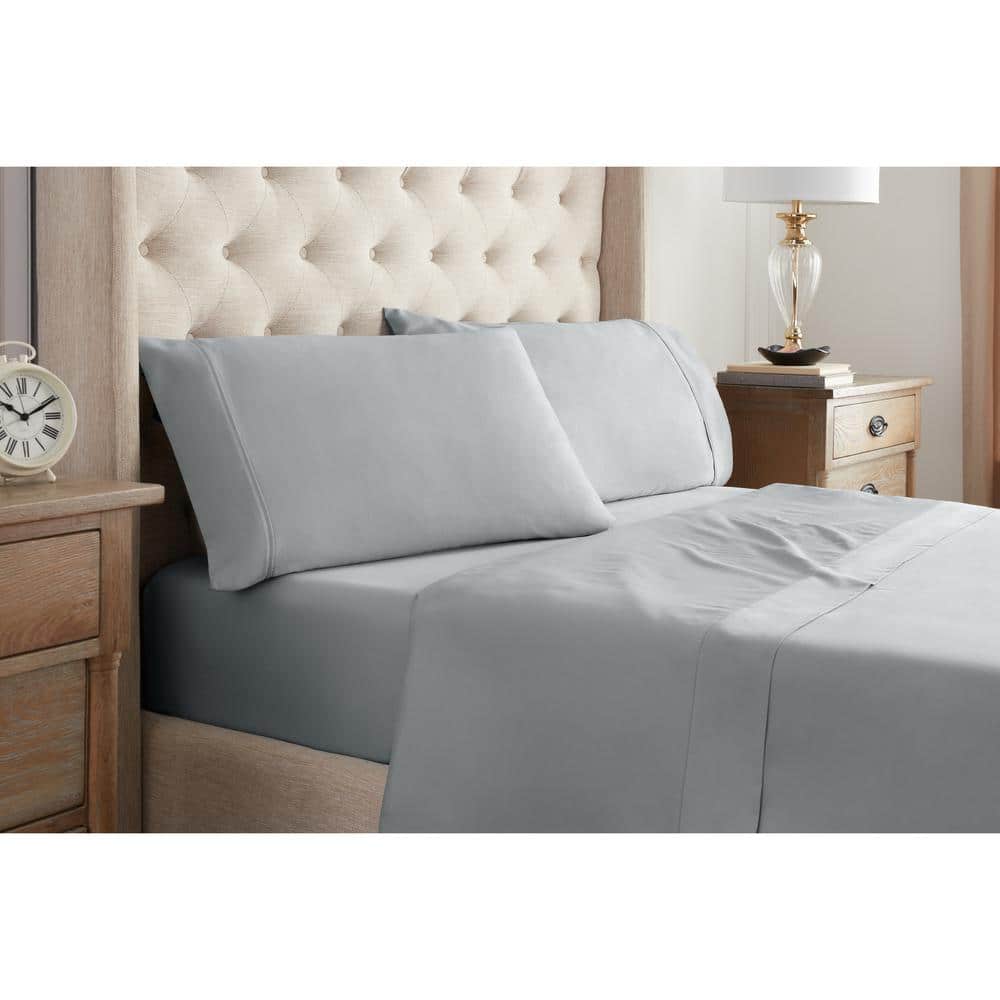 Waverly Sateen 4-Piece Light Grey Solid Cotton Queen Sheet Set Bring color and comfort to your bed with the Waverly 100% Cotton Sateen 400 Thread Count Sheet Set. Made of luxuriously soft 100% Cotton Sateen, these 400 Thread Count Sheet sets are the perfect base layer to any Waverly bedding ensemble. Machine wash cold with like colors. Color: Light Grey.