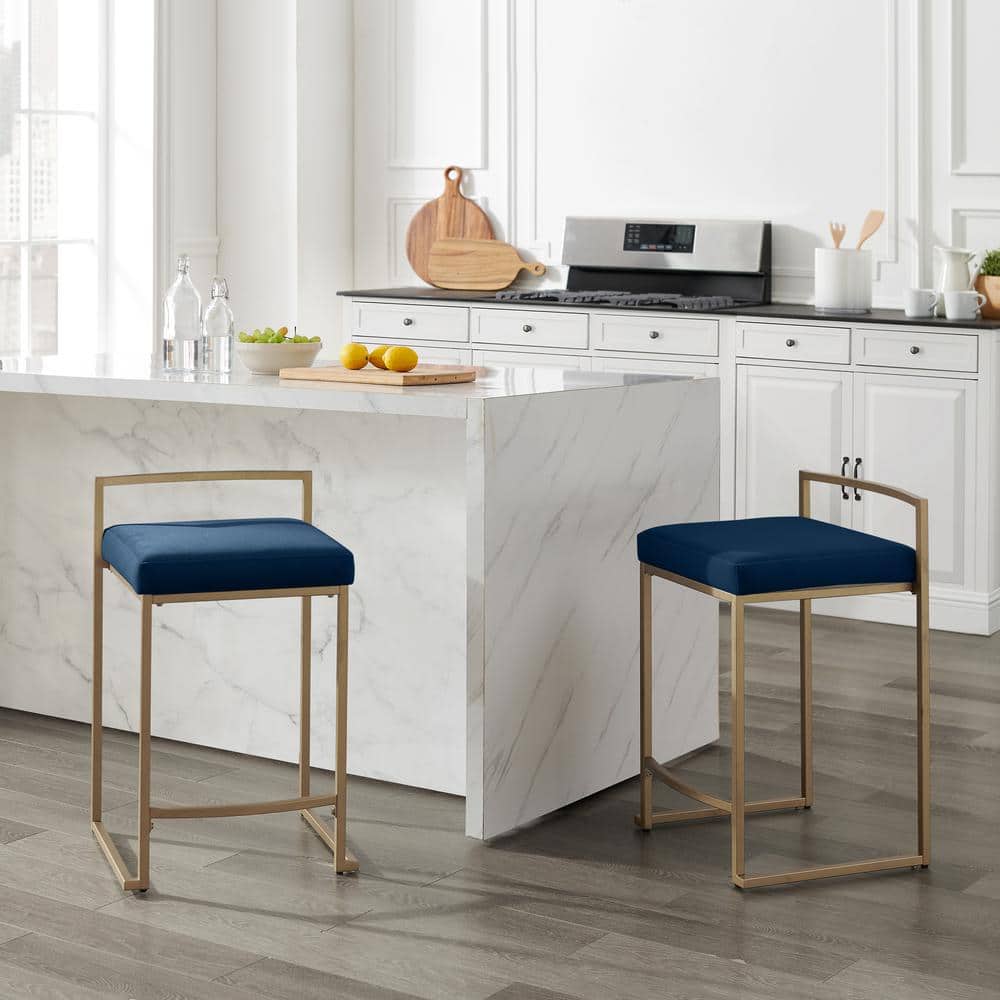 Dark Blue Velvet and Gold Steel Counter Stools, Set of 2