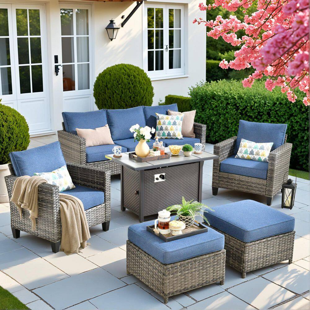 Daphne 6-Piece Wicker Outdoor Patio Conversation Sofa Seating Chair Set with Metal Fire Pit and Denim Blue Cushions price history on PriceWatchPro