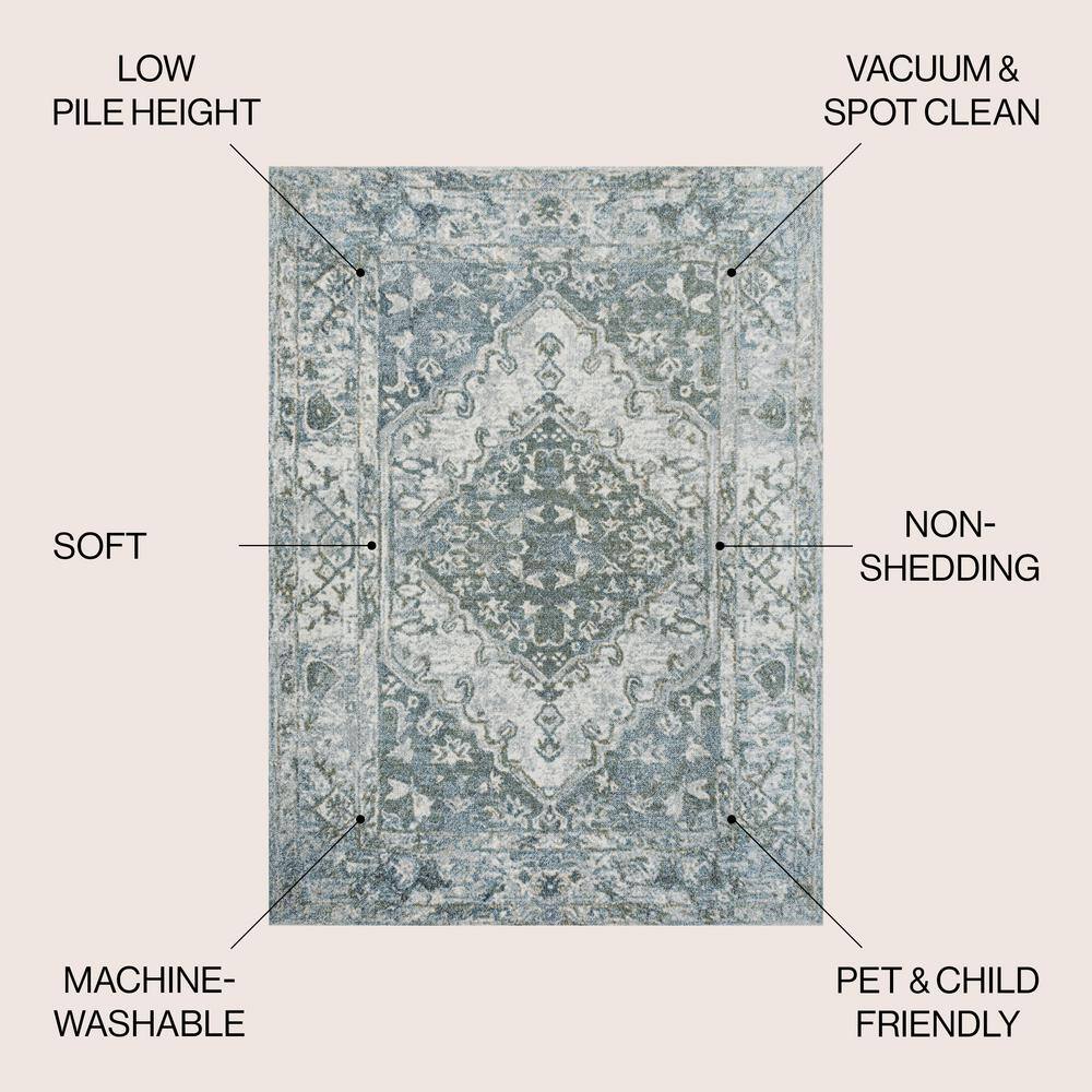 Pavel Light Gray and Blue Synthetic Medallion Washable Area Rug