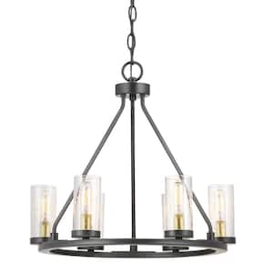 Hartwell 18-1/2 in. 6-Light Antique Bronze Farmhouse Wagon Wheel Chandelier with Brass Accents and Clear Seeded Glass