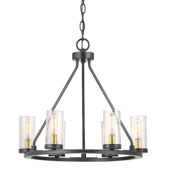 Progress Lighting Hartwell 18-1/2 in. 6-Light Antique Bronze Farmhouse Wagon Wheel Chandelier with Brass Accents and Clear Seeded Glass