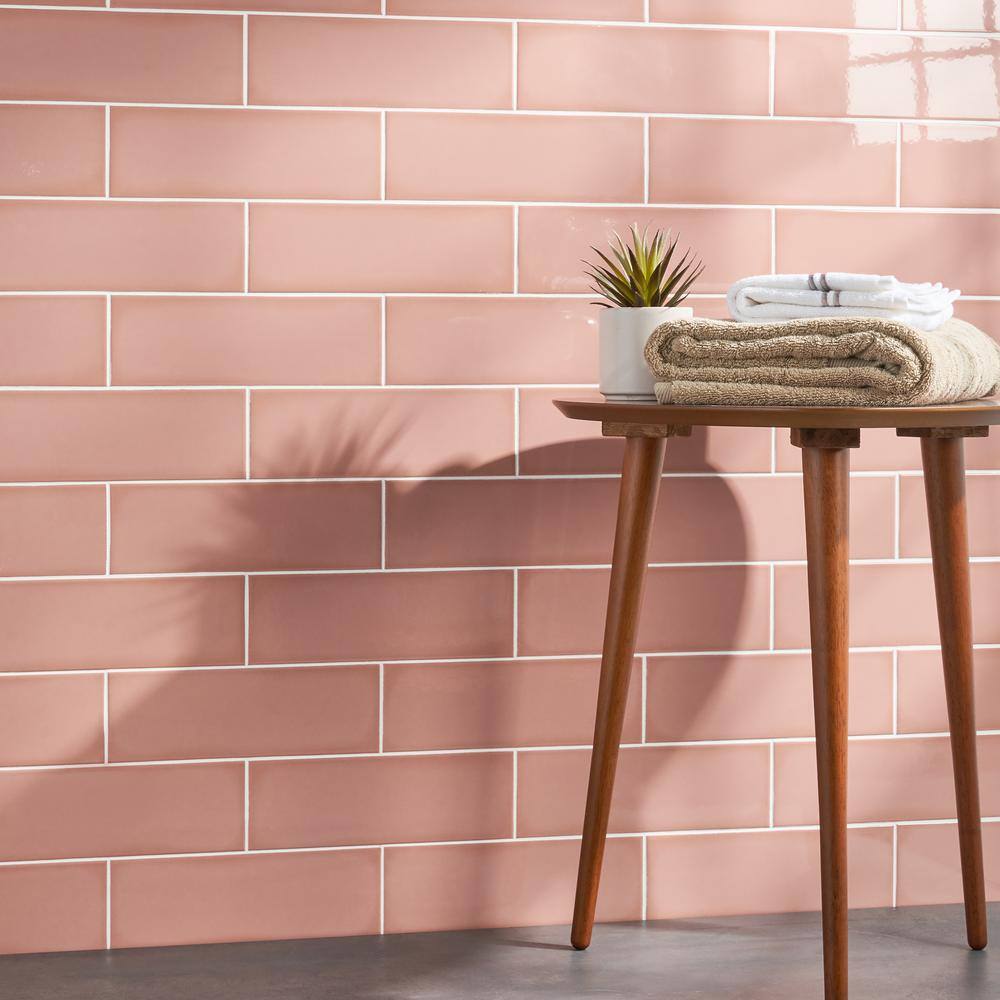 Pink Polished Porcelain Subway Wall Tile 3.93 x 11.81 in