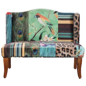 44.5 in. Multicolor Bird Collage Print Velvet Fabric 2-Seater Settee Loveseat Bench with Handcrafted Wingback Design