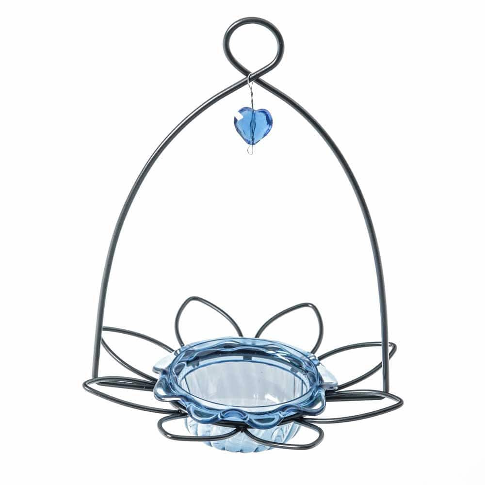 Blue Hanging Metal and Plastic Bird Feeder with Acrylic Cup