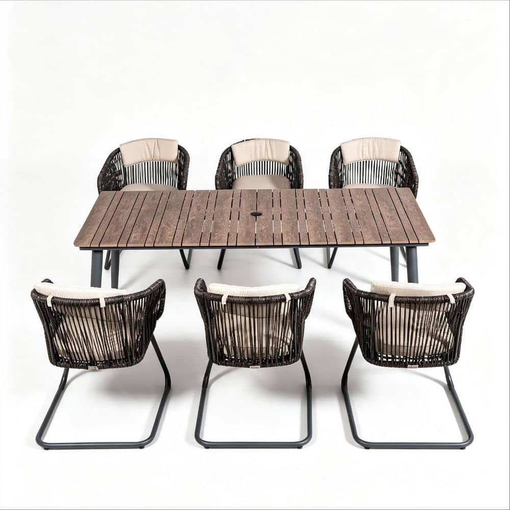 7-Piece Metal Rectangular Outdoor Dining Set with Beige Cushions