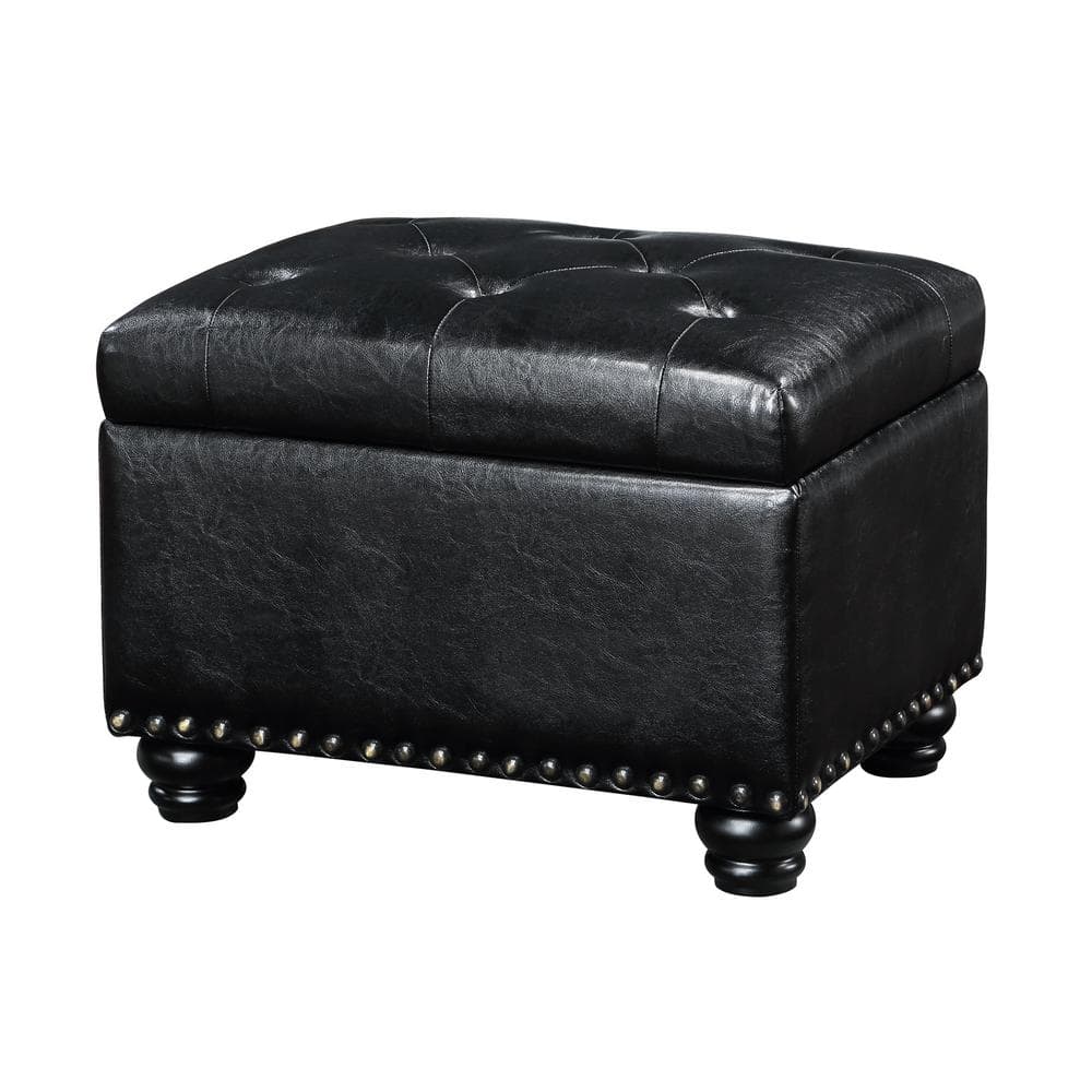 Black Tufted Storage Ottoman with Nailhead Trim