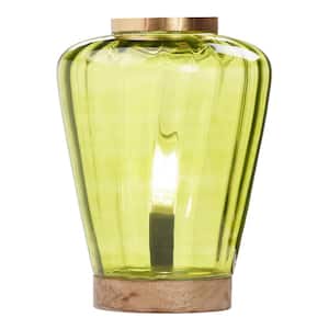 Eleanor 10.5 in. Mango Wood Block Base Accent Lamp with Chartreuse Green Glass Shade