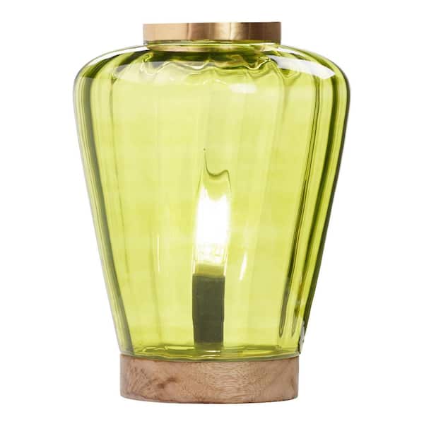 River of Goods Eleanor 10.5 in. Mango Wood Block Base Accent Lamp with Chartreuse Green Glass Shade