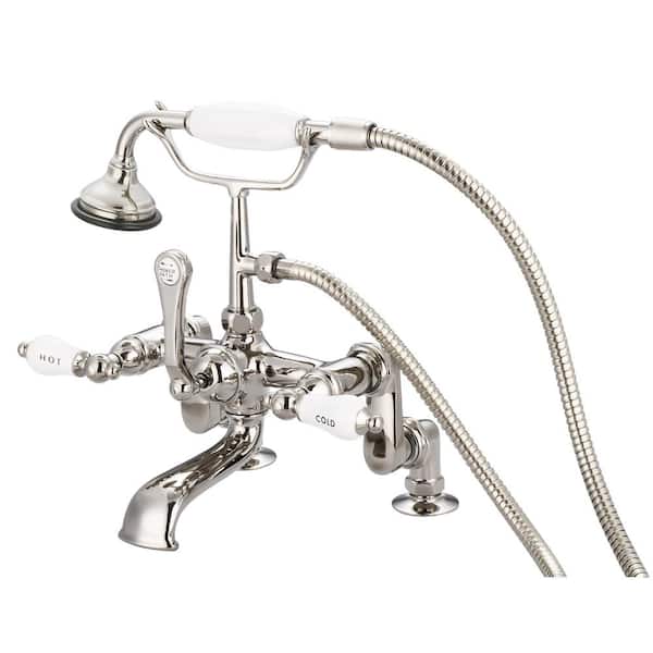 3-Handle Claw Foot Tub Faucet with Labeled Porcelain Lever Handles and Handshower in Polished Nickel PVD