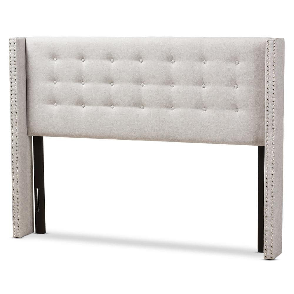 Beige Tufted Upholstered Full Wingback Headboard with Nailhead Trim