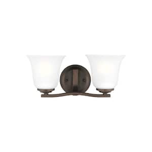 Emmons 14.625 in. 2-Light Bronze Traditional Transitional Bathroom Vanity Light with Satin Etched Glass Shades
