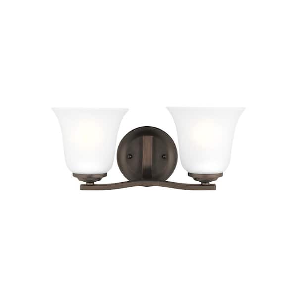 Generation Lighting Emmons 14.625 in. 2-Light Bronze Traditional Transitional Bathroom Vanity Light with Satin Etched Glass Shades