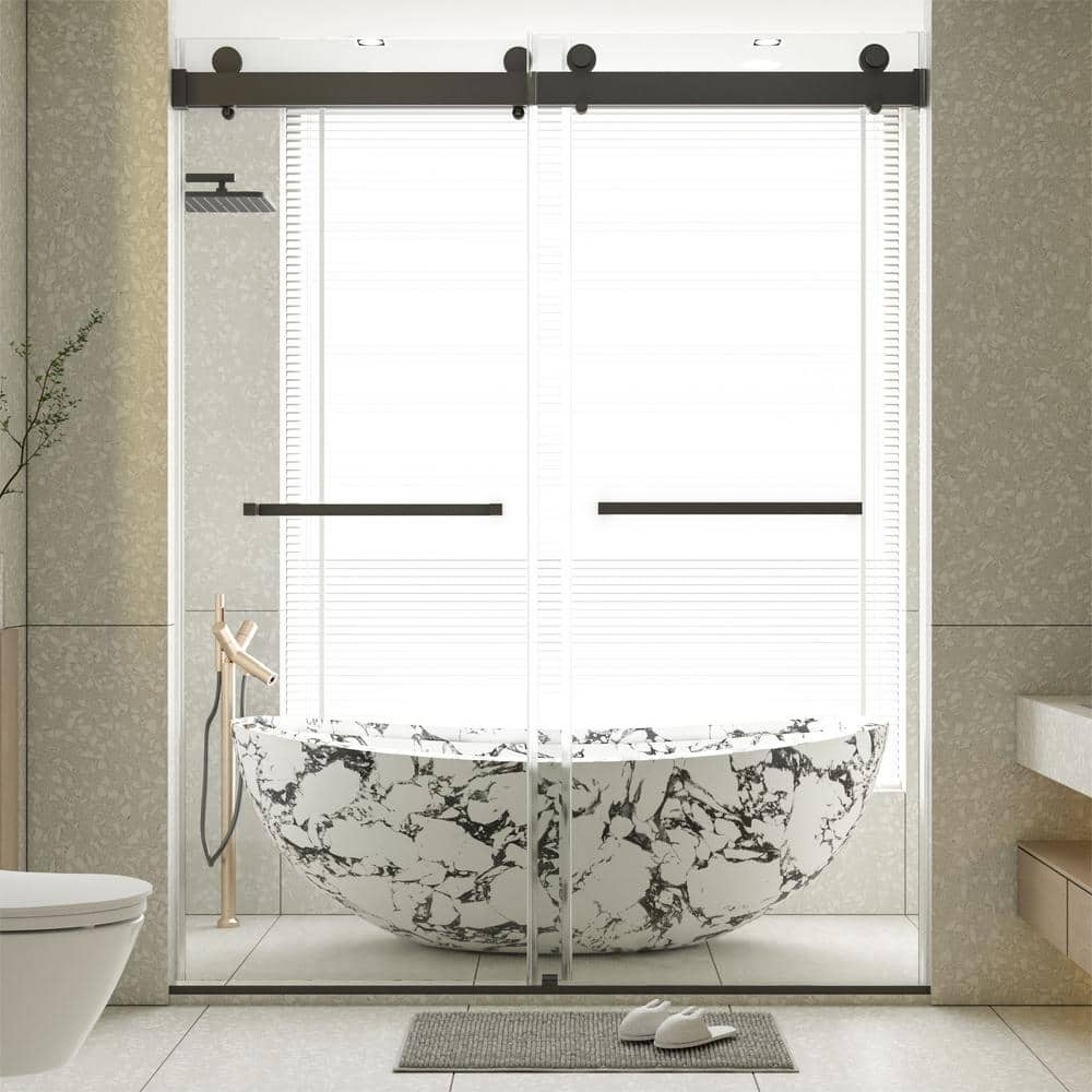 ANGELES HOME 56-60 in. W x 76 in. H Sliding Semi-Frameless Shower Door in Matte Black Finish with Clear Glass, 3/8 in. (10 mm)