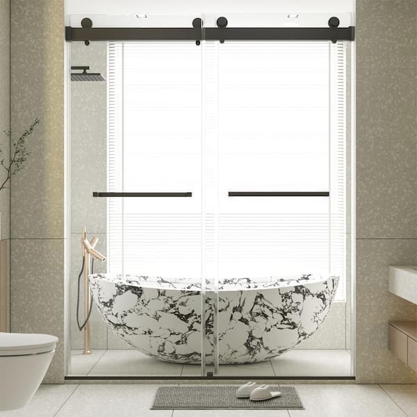 ANGELES HOME 56-60 in. W x 76 in. H Sliding Semi-Frameless Shower Door in Matte Black Finish with Clear Glass, 3/8 in. (10 mm)