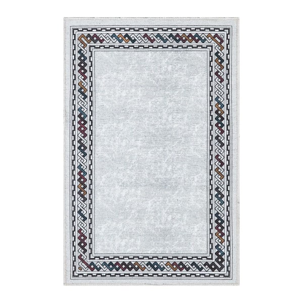 Ottomanson Non Shedding Washable Wrinkle-free Flatweave Border 2x3 Area Rug/Entryway  Mat, 2 ft.x3 ft.,Light Gray/Multicolor LSB7402-2X3 - The Home Depot